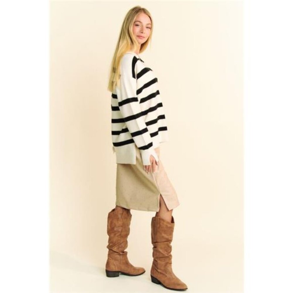 NWT Davi & Dani Striped Loose Fit Collared Long Sleeve Sweater, Hi Lo Hem, White - Picture 4 of 5